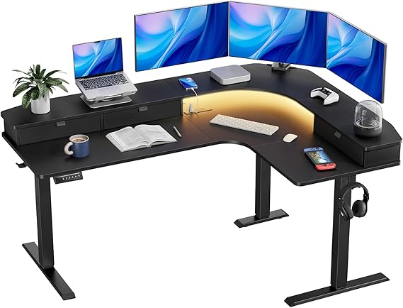 HUANUO 65 L Shaped Standing Desk with 3 Drawers, Adjustable, Black
