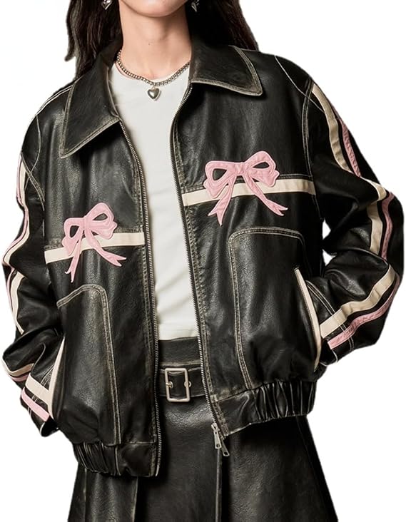 YELLOOP Bow Jacket Leather Bomber Jacket Faux Leather Jacket Women Vintage Leather Jacket Y2k