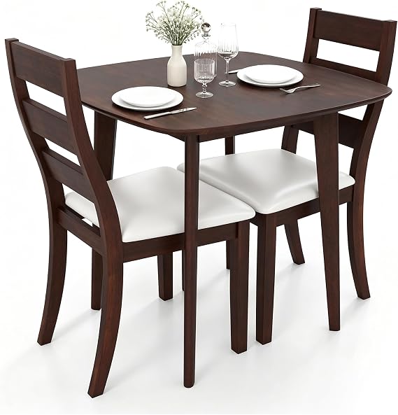 GIANTEX Small Dining Table Set for 2, Wood Square Kitchen Table and 2 Dinner Chairs with Upholstered Seat & Curved Backrest, Space-Saving Dinette Set for Small Space, Living Room, Dining Room