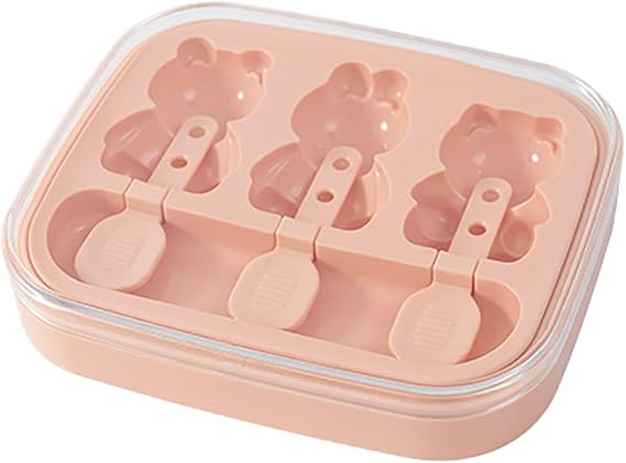 Ice Cube Trays for Freezer, 3 Grids Bear Shaped Durable Stackable Silicone Ice Cube Tray, Easy To Take And Non Stick Cute Ice Cream Molds for Kitchen Drinks Party Summer Hot Weather (Pink)