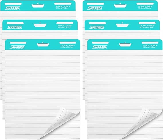 Lined Sticky Easel Pad, 25 * 30 inch,Self-Stick Flip Chart Paper, Super Adhesive & Bleed-Resistant,Micro-Perforated Tear,Classroom Teacher Office Presentation Pads,6 Pads/Pack,180Sheets