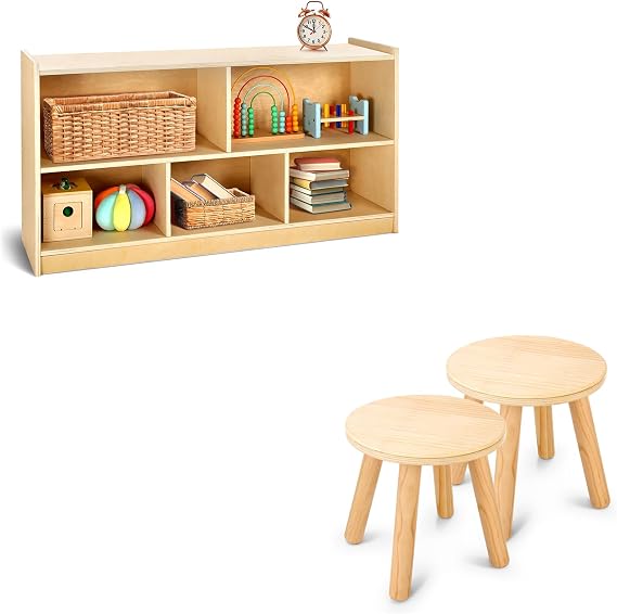 WINGYZ 5-Section Wooden Storage Cabinet + 10 Inch Wooden Step Stools for Kids (2 Pack)