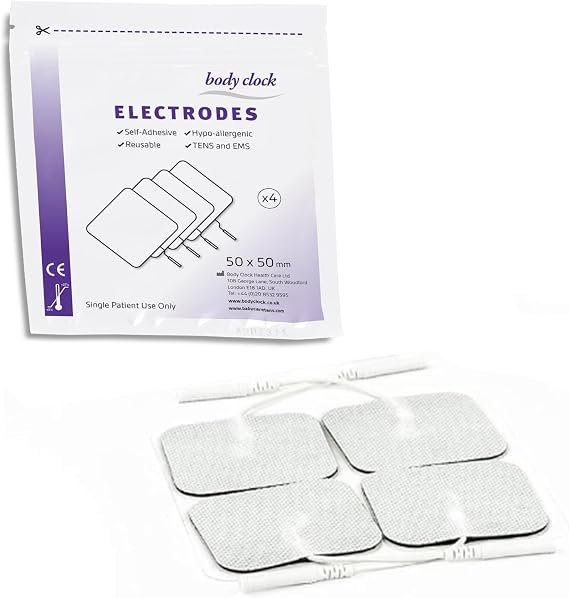 4 x TENS Electrodes Replacement Pads (1 Pack of 4), Back, Shoulder, Hip, Leg, Pain, (5x5cm), Body Clock TENS, Classic, 1st Choice, TPN 200, Boots, Neurotrac, fits Most Machines
