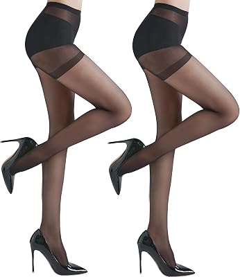 2 Pairs Run-Resist Sheer Tights for Women, 20 Denier Premium Nylon tights with reinforced toe and control top