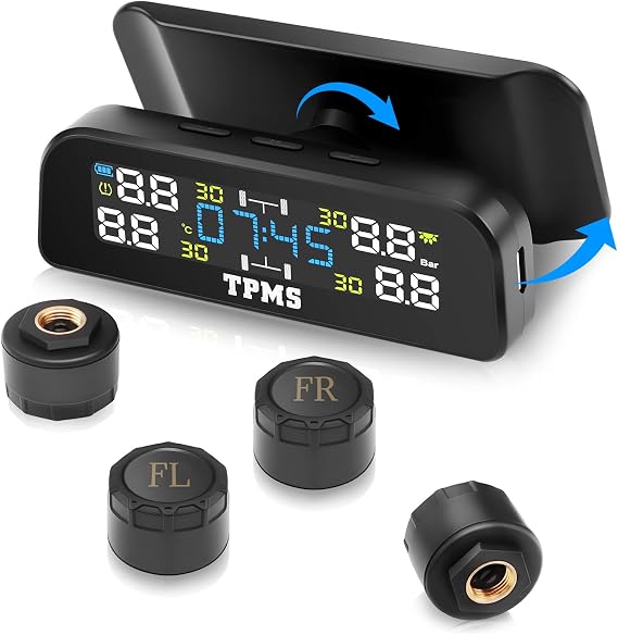 Tyre Pressure Monitoring System TPMS Solar & USB Charging, Car Tyre Pressure Monitor with 4 External Sensors, 6 Alarm Modes, 2 Mounting Options for Car SUV RV Caravans, 0-3.5Bar Range