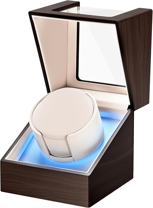 Watch Winder for Automatic Watches, Ultra Quiet Japanese Motor (<5 db), Premium Self Winding Rotating Wooden Watch Case with Soft Blue Ambient Light, Gifts for Him/Her/Dad