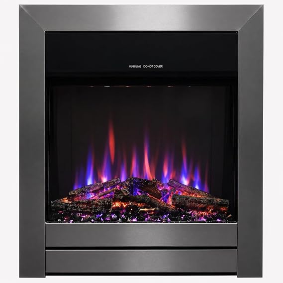 Recessed Wall Electric Fireplace Insert - Silver & Black Metal Inset Electric Fire, Finish, LED Fake Flame Effect, Remote Control, 1400W/1600W, Coal Effect Logs & Crystals