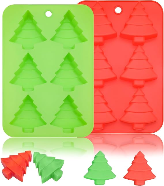 mdgfge Christmas Tree Silicone Baking and Candy Molds Chocolate Handmade Soap Ice Cube Biscuit Cake Moulds No-Stick Fondant Red Green Baking Mold Trays Pan for Christmas Family Holiday Party(2Pcs)