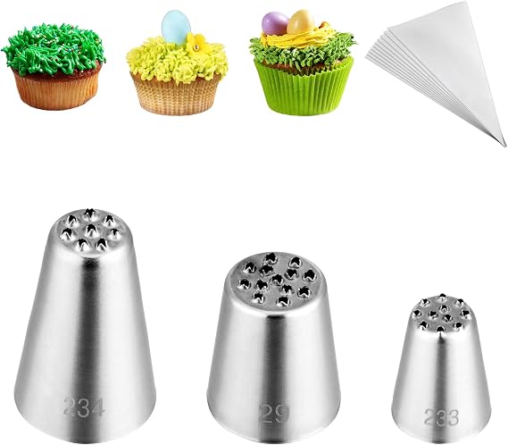 Kasmoire 3Pcs Grass Icing Nozzles Set,Stainless Steel Grass Piping Tip with 10Pcs Disposable Piping Bags,Cake Decorating Tips For Baking Decorating