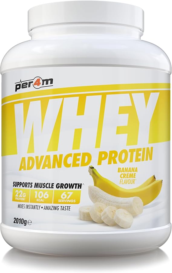 Per4m Whey Protein Powder | High Protein Shake for Muscle Growth & Recovery | Low Sugar Gym Supplement | Sports Nutrition Drink + Amino Acids (2010g, Banana)