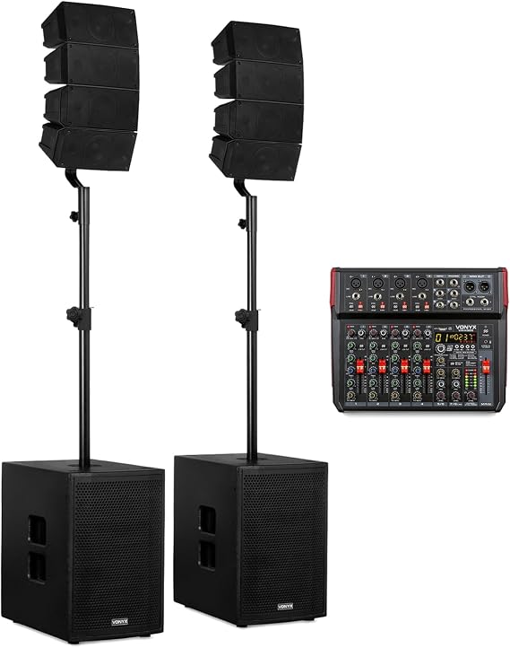 Vonyx line array speaker system with 8-channel mixer, 2 subwoofers, 8 top speakers and 2 XLR leads, active PA system for church, DJs, singers and live events