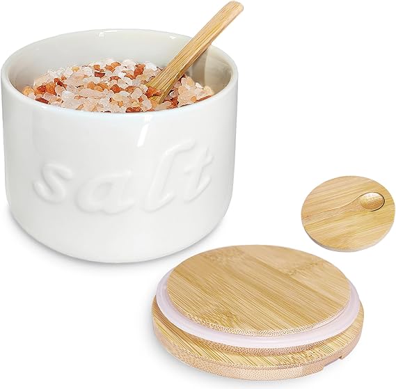 Salt Cellar with Lid and Spoon, 16 OZ Airtight Salt Container for Countertop, Ceramic Storage Container for Spices, White