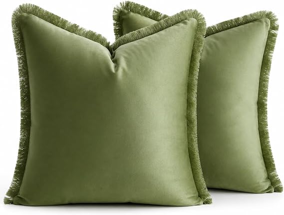 Olive Green Pillow Covers Fringe Velvet Couch Pillow Covers 16x16 Set of 2, Modern Solid Color Boho Pillowcases with Tassels for Sofa Bed Living Room Home Decor
