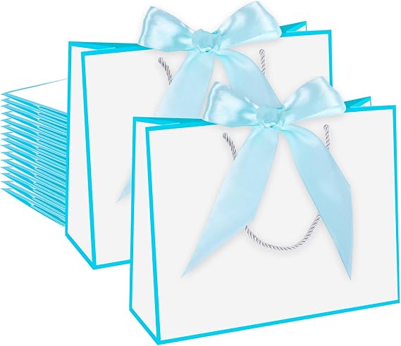 KEAOOD 15 Pcs Gift Bags With Handles 12.6 x 10 x 4'' Thank You Gift Bags Large Bulk Gift Bag with Bow Ribbon for Bridesmaid Gifts Christmas Birthday Baby Shower Wedding Welcome Gift Wrap (White-Light Blue)