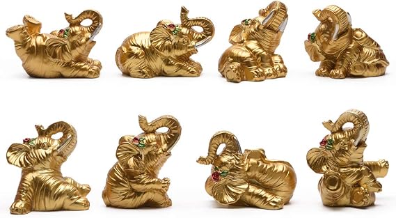 Resin Thai 8 Elephant Statues, Love Wealth Luck Gather, 1.8in, Gold