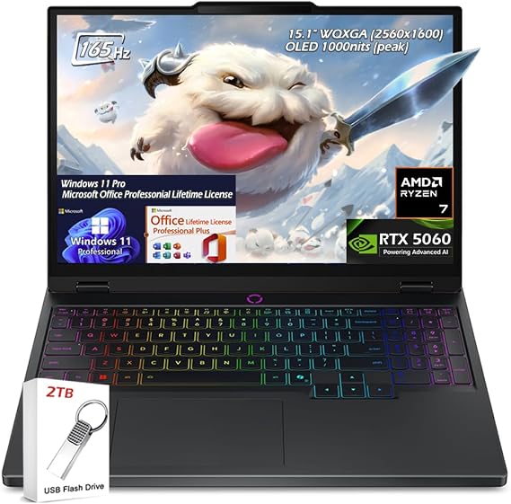 Lenovo Legion 5 15.1" WQXGA (2560x1600) Laptop, AMD Ryzen 7 260, RTX 5060, 16GB RAM 1TB SSD, Wi-Fi7, Backlit KB, Win11 Pro & Office Lifetime License, Eclipse Black + 2TB Flash Drive, W/GaLiMu