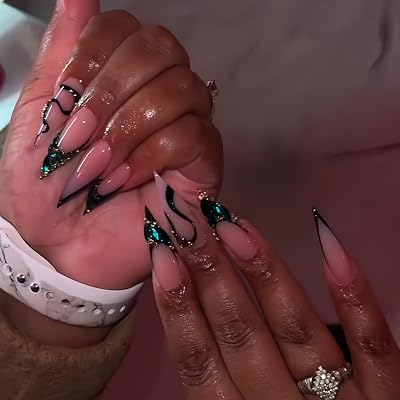Press on Nails Long Stiletto Fake Nails Handmade False Nails with Rhinestones Charm Designs Stick on Nails for Women 24 Pcs Black-1, L-1
