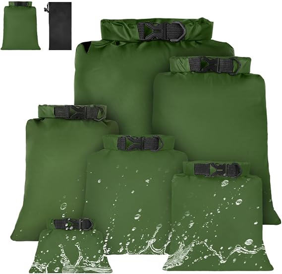 Waterproof Dry Bags 6PCS, Lightweight DryBags, Compression Sack Canoe Bag with1.5L, 2.5L, 3L 3.5L, 5L, 8L Sacks Bag for Kayaking Rafting Boating Hiking Camping Travel Backpacking Green