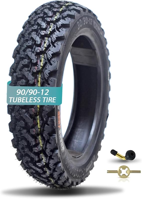 90/90-12 Tire for Mini Bike Front Rear for Daily Commuting on Various Roads 6 P.R 300 kPa MAX LOAD 535 LBS 59J 90/90/12 Tubeless Anti-slip Tyre, Wear-resistant Knobby Tire