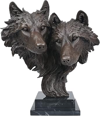 Wolves Head Statue Sculpture Bronze Wildlife Animal Couple Bust Figurine Art Office Desktop Decor
