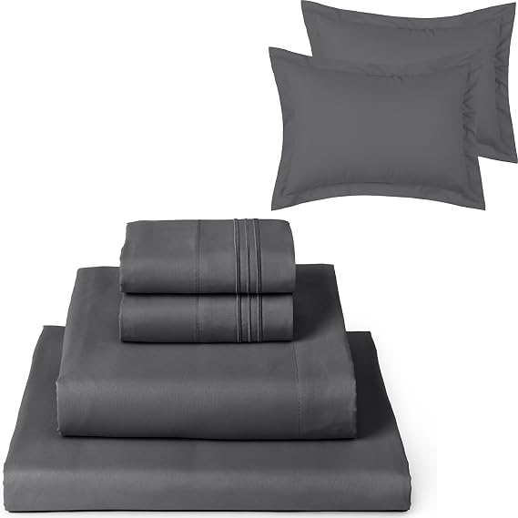 Mellanni Bed Sheet Set + 2 Pillow Shams Bundle&Save - Hotel Luxury Bedding Sheets & Pillowcases - Bundle Includes: 4pcs Bed Sheet Set and 2 Pillow Shams with 2" Flange (Queen, Gray)