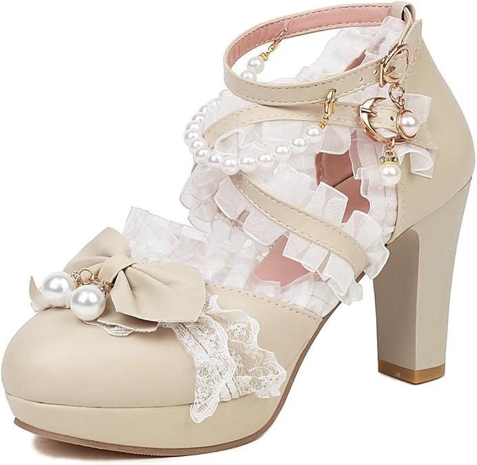 DINTAHA Womens Platform Chunky Mary Janes Kawaii Goth Lolita Cosplay Shoes Pearl Wedding Heels with Bow