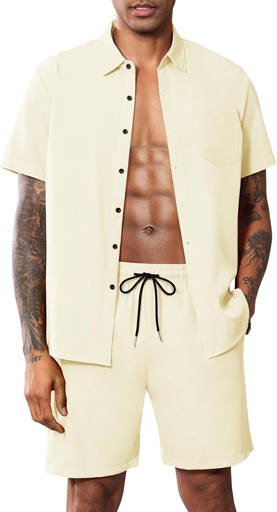 Men Summer Casual Short Sets Solid Short Sleeve Pocket Button Down Shirt