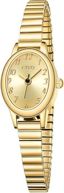 CIVO Small Gold Watches for Women: Stretch Expansion Band Easy Read Watch | Dainty Oval Analog Ladies Watch for Small Wrists Under 5.9", Arabic Numerals, Daily Wear Gift for Mom Wife Daughter Birthday