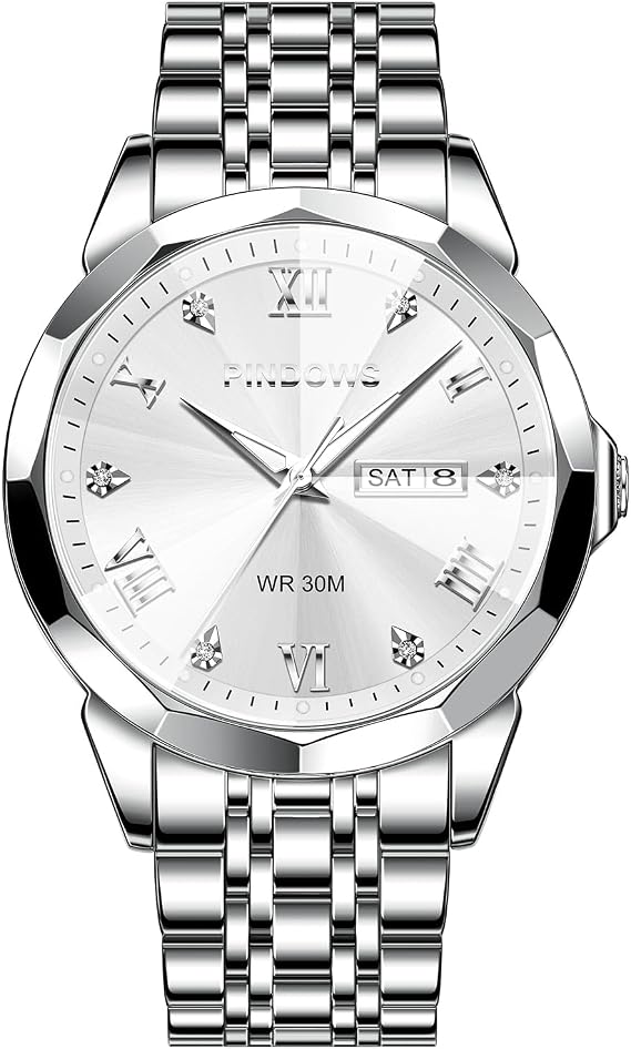 PINDOWS Mens Watches Retro Two Tone Stainless Steel Luxury Quartz Date
