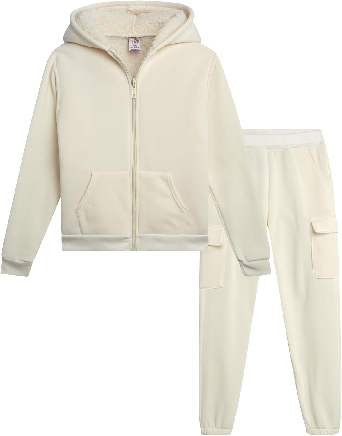 Real Love Girls Sweat Suit Set - 2 Piece Cozy Sherpa Lined Zip Up Hoodie and Cargo Jogger Sweatpants for Girls Sizes:5-16