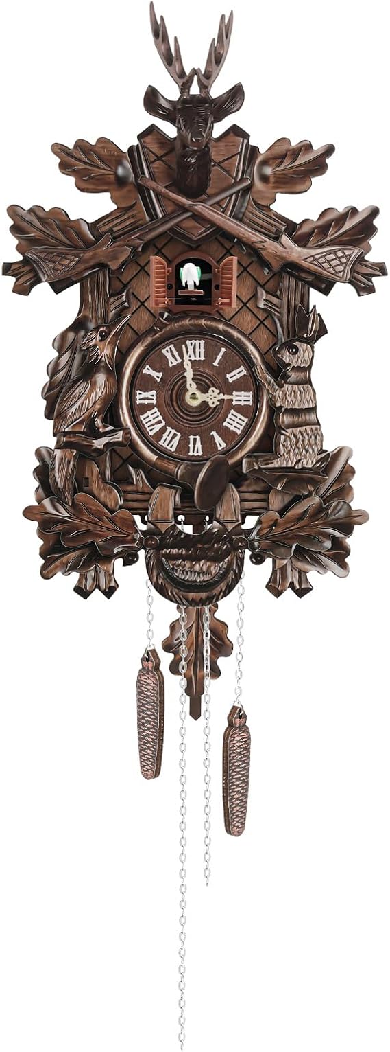Cuckoo Wall Clock, Retro Fores Decor Wall Clock Automatic Hourly Chime Alarm Night Silence Brown