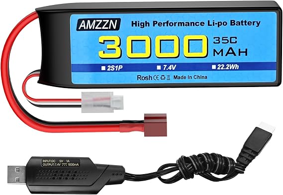 7.4V 3000mAh 35C 2S T-Plug Lipo Battery with USB Charging Cable for RC Car,Truck Model Car,Remote Control Boat,RC Quadcopter Qircraft,FPV Drone Battery
