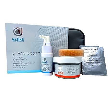 Audinell Hearing Aid Cleaning Kit | STARTER SET | Incl. Wipes, Spray, Brush, Dry Cup, Desiccant | Accessories to Clean & Dehumidify Hearing Aids, Earbuds, Earplugs, In-Ear Monitors (IEMs)