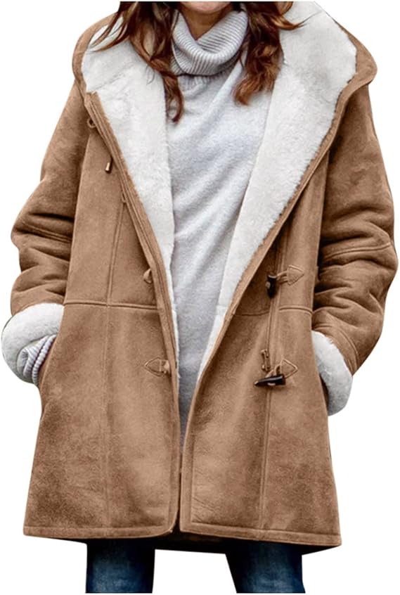 Ceboyel Women Fleece Winter Coats 2023 Sherpa Lined Suede Warm Jackets Hoodies Horn Buttons Long Coat Trendy Outfits Clothes Winter Insulated Jackets For Women Brown L