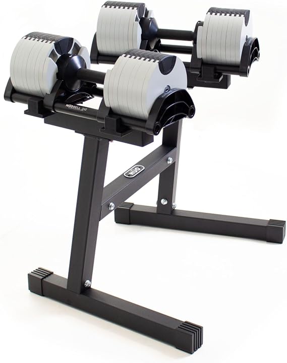 N�OBELL 2-32Kg Dumbbells (x2) - White Grey/Black with Dumbbell Stand
