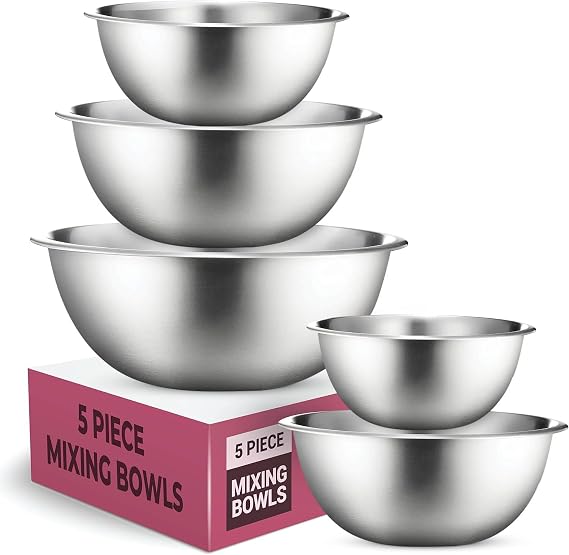 Mixing Bowls Set, Easy-Grip, Stainless Steel Mixing Bowls for Baking, Cooking, Salad & Food Prep - Large, Medium and Small Metal Nesting Bowls (5, Stainless Steel)