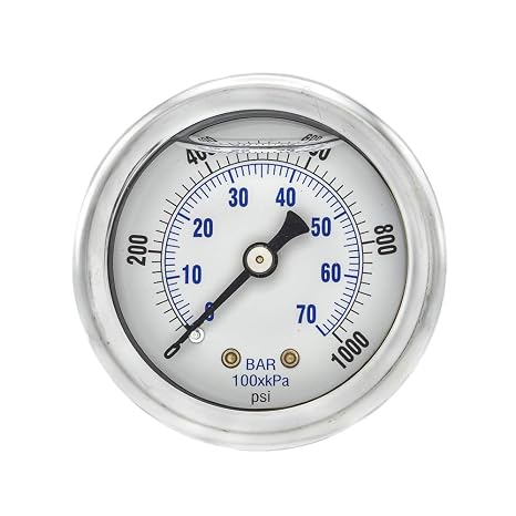 PIC Gauges 202L-204M Center Back Mount Glycerine Filled Pressure Gauge w/ SS Case/Bezel, Brass Internals, PC Lens, 2" Dial, 0/1000 psi Range, 1/4" Male NPT