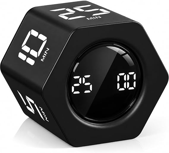Rotating Productivity Timer 5, 25, 10 30,60 Mins Preset Stopwatch, Desk Flip ProductivityTimer, ADHD Tool Hexagon, Vibration/Mute/Alarm, for Work, Study, Back to School, Kitchen, Black