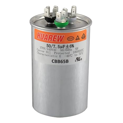 50/7.5 uF 50+7.5 MFD 6% 370V/440V CBB65B AC Capacitor Dual Run Round Capacitor Replacement 50 7.5 uF MFD 370 440 Volt VAC for AC Unit Fan Motor Start or Heat Pump or Condenser Straight Cool