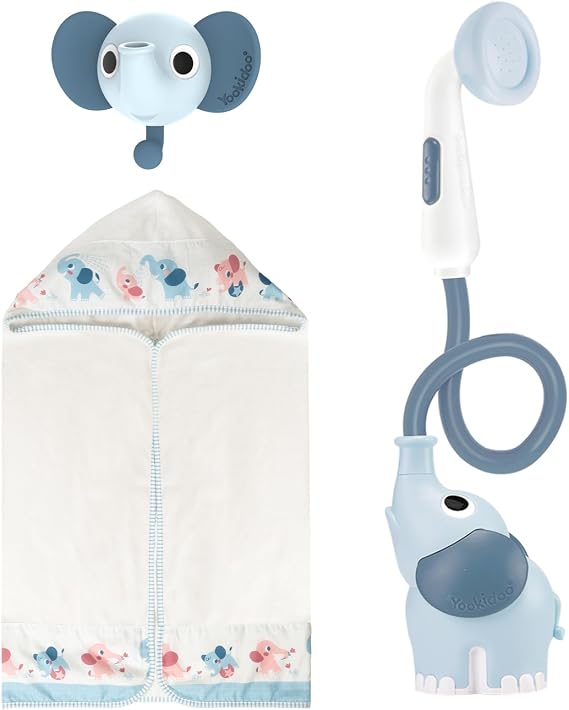 Yookidoo Baby Bath Elephant Shower Head Gift Set - Includes Hooded Towel & Hanger - Control Water from 2 Elephant Trunk Knobs for Max Fun in Tub or Sink Newborns, Toddlers, Boys, Girls (Cloudy Blue)