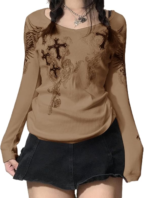 Women Y2K Long Sleeve Top Tee Sexy Patchwork Square Collar Black Basic Slim Fit Blouse Tops Streewear