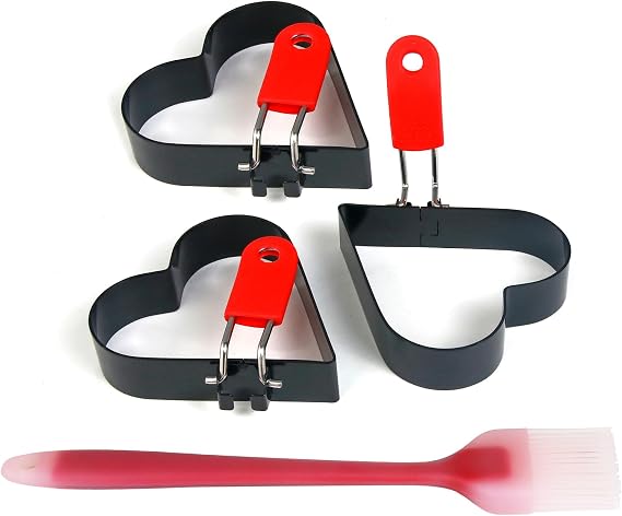 Heart-Shaped Egg Ring Mold with Red Handle, Non-Stick Pancake Maker black (3, love)