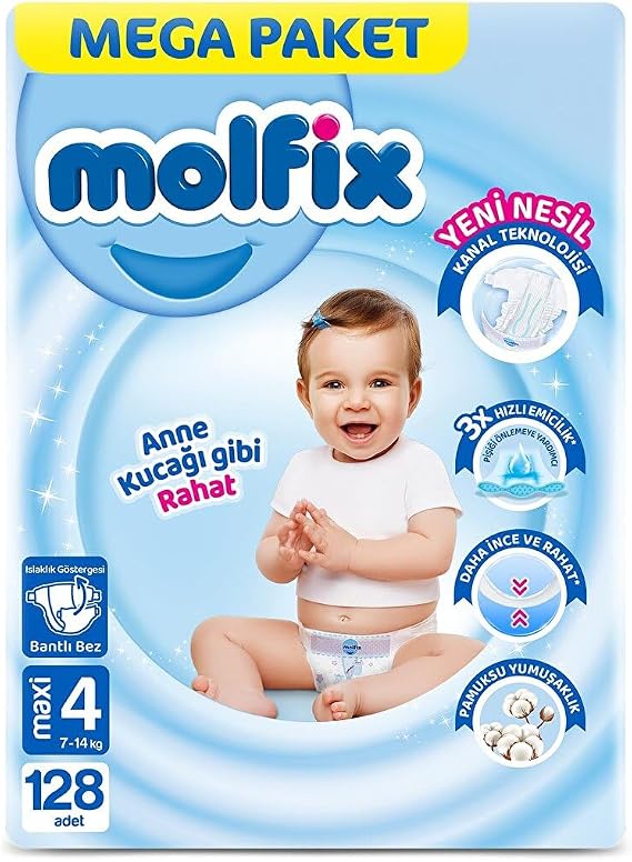 Molfix Mega Paket Bebek Bezi, Beden 4, 7-14 kg, 116+12 Adet, Bantlı, Kalın Teknolojili, Hızlı Emici