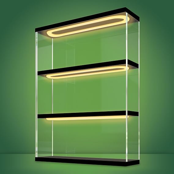 NONEMEY Clear Acrylic Display Case Stand with Light, 3 Tier Storage Box Wall Mount Showcase Dustproof Organizer Box for Collectibles (Black - LED light, 30 x 8.5 x 37.8 cm)