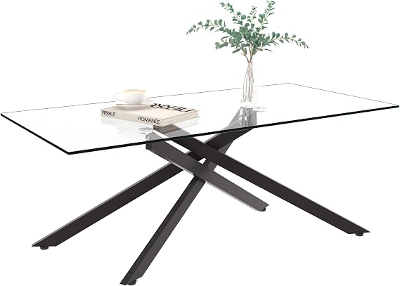 Modern Glass Coffee Table for Living Room 47" Rectangular Center Table with Clear Tempered Glass Top and Black Tubular Metal Legs for Home Office