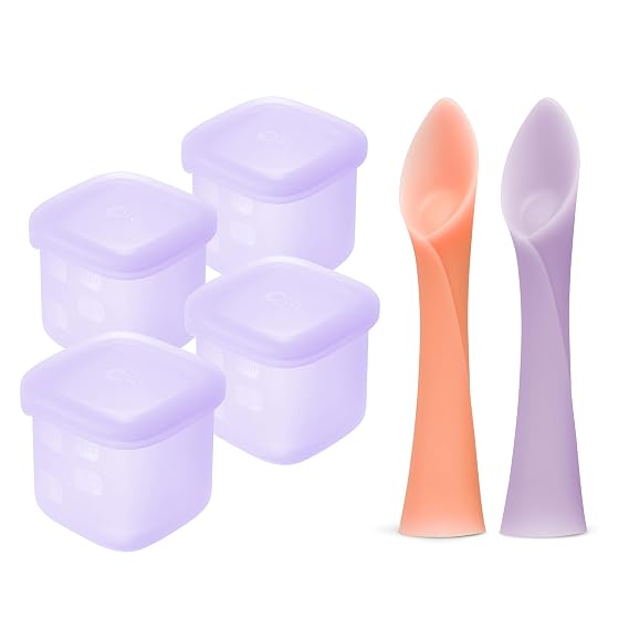 Olababy Training Spoon Set (Coral/Lilac) + Olababy Clear Sense Silicone Storage Containers 4pk (Lilac, 4 oz)