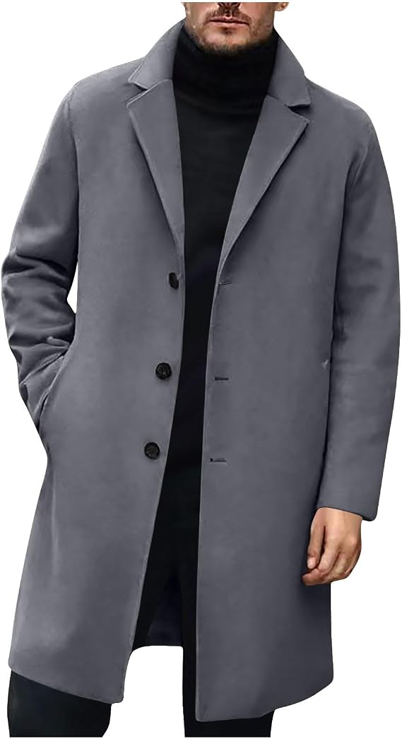 Men's Casual Trench Coat Winter Wool Blend Overcoat Mid-Long Single Breasted Pea Coat Lapel Notched Collar Jackets