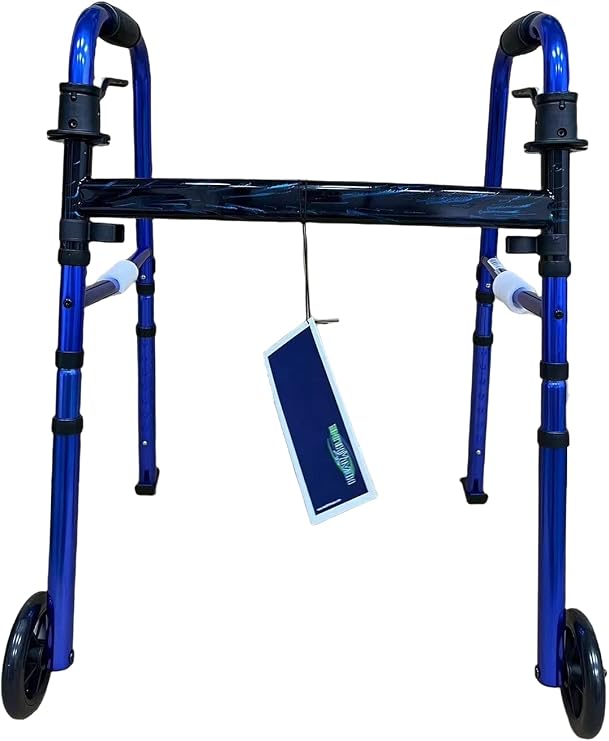 HEALTHLINE 2 Wheel Walker for Seniors & Adults - Deluxe Lightweight Foldable Walker with Wheels 5" and Legs Fold Up Plus Extra Pouches (Blue)