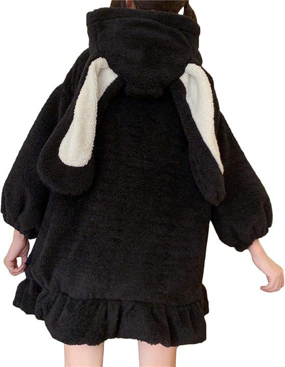 Hotmiss Women Cute Bunny Ear Long Sleeve Fuzzy Fluffy Rabbit Ears Tops Zip Up Sweatshirt Hoodie Jacket Coats
