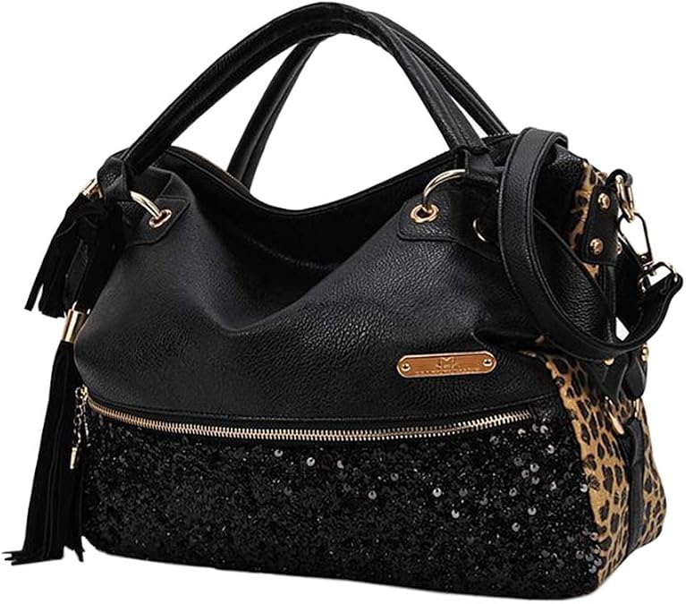 Women's Leopard Print Black Purse Handbag Hobo Style Sequin PU Leather Shoulder Bag